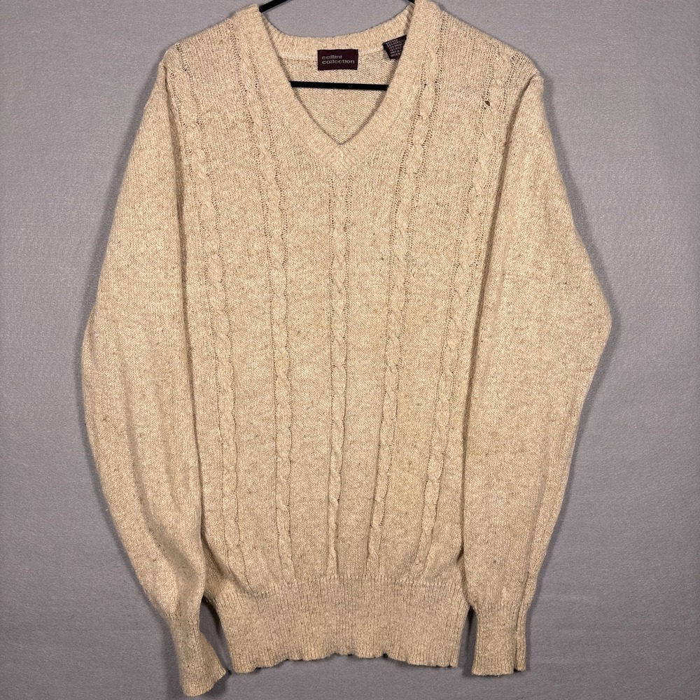 Vintage Cellini Cable Knit Womens Large Tall Sweater Silk Angora Blend Beige